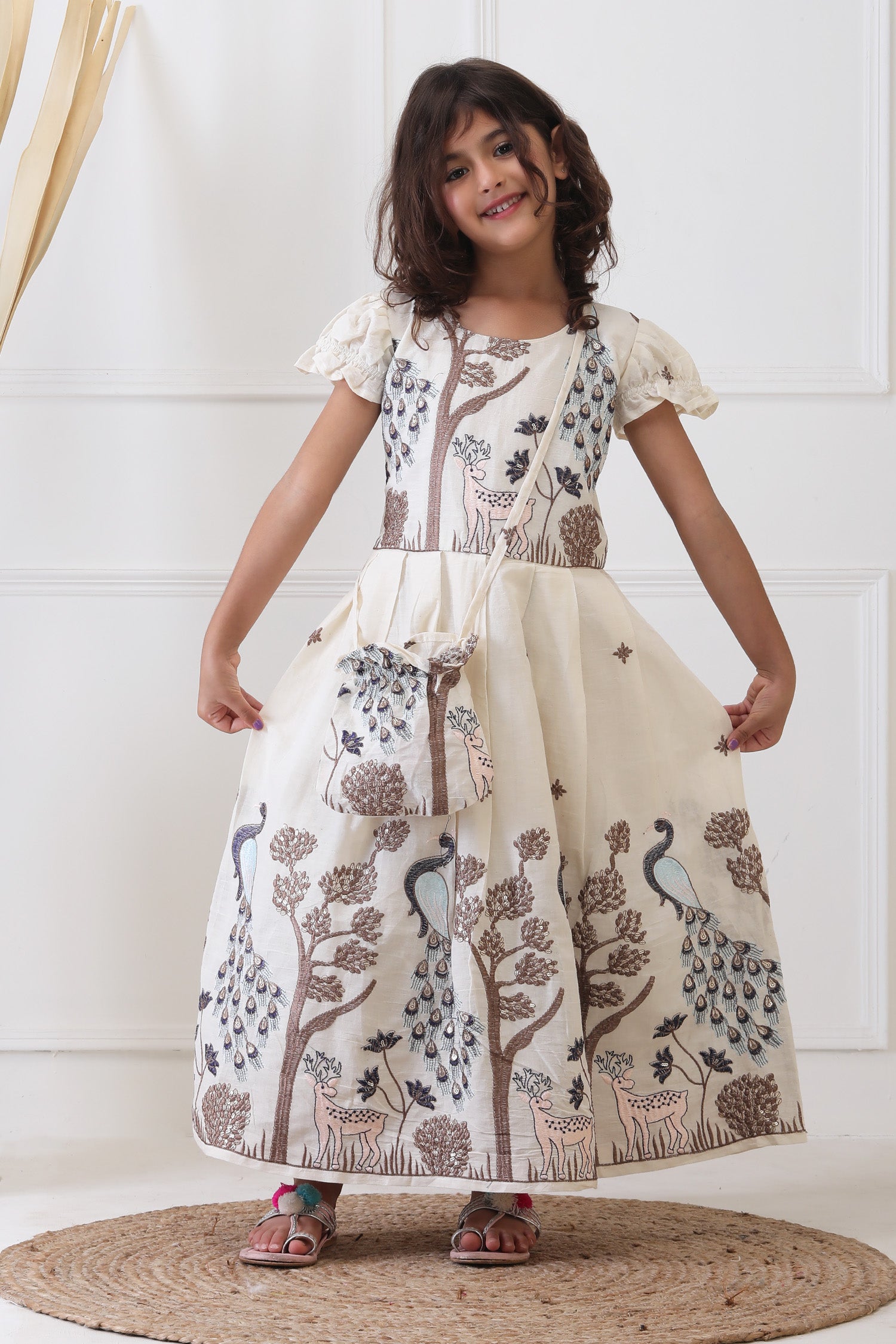 Buy-Ivory Peacock Embroidered Ethnic Dress-Ethnic Dress for Girls - Off White - ForeverKidz Buy-Ivory Peacock Embroidered Ethnic Dress-Ethnic Dress for Girls - Off White - ForeverKidz
