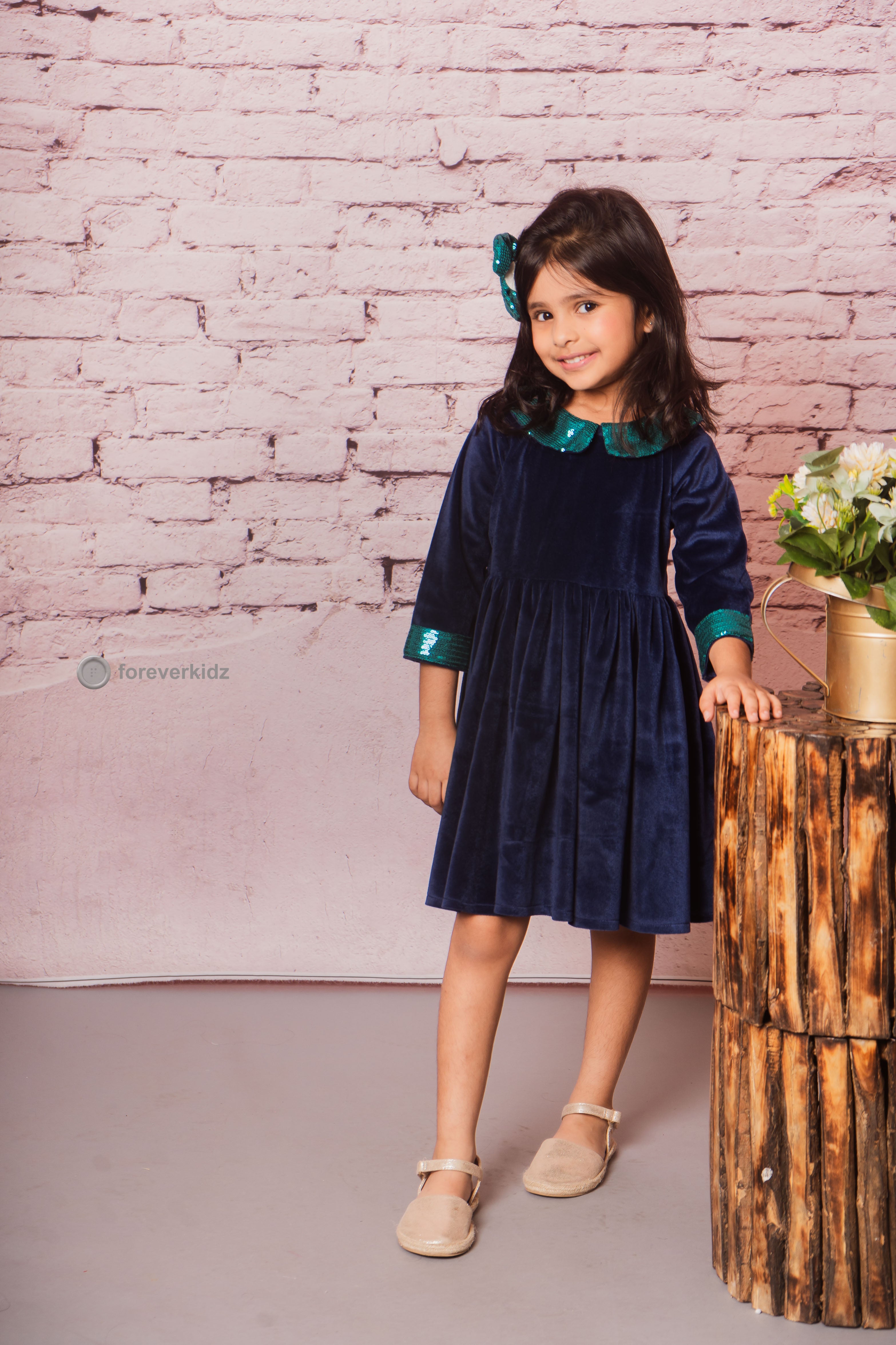 Navy Blue Glimmer Velvet Dress for Girls