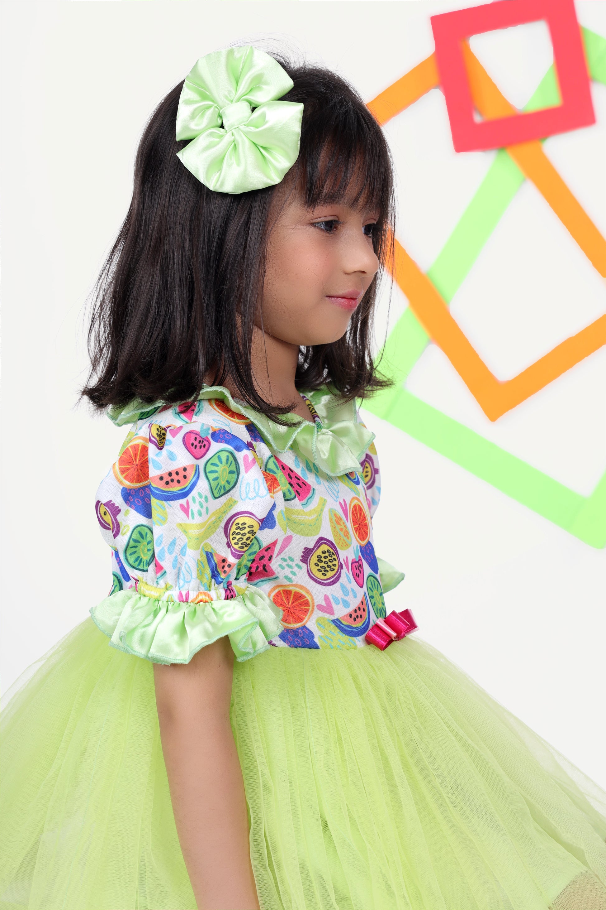 Green Frock with Fruits Prints