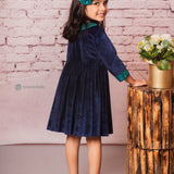 Navy Blue Glimmer Velvet Dress with Sequin Neck