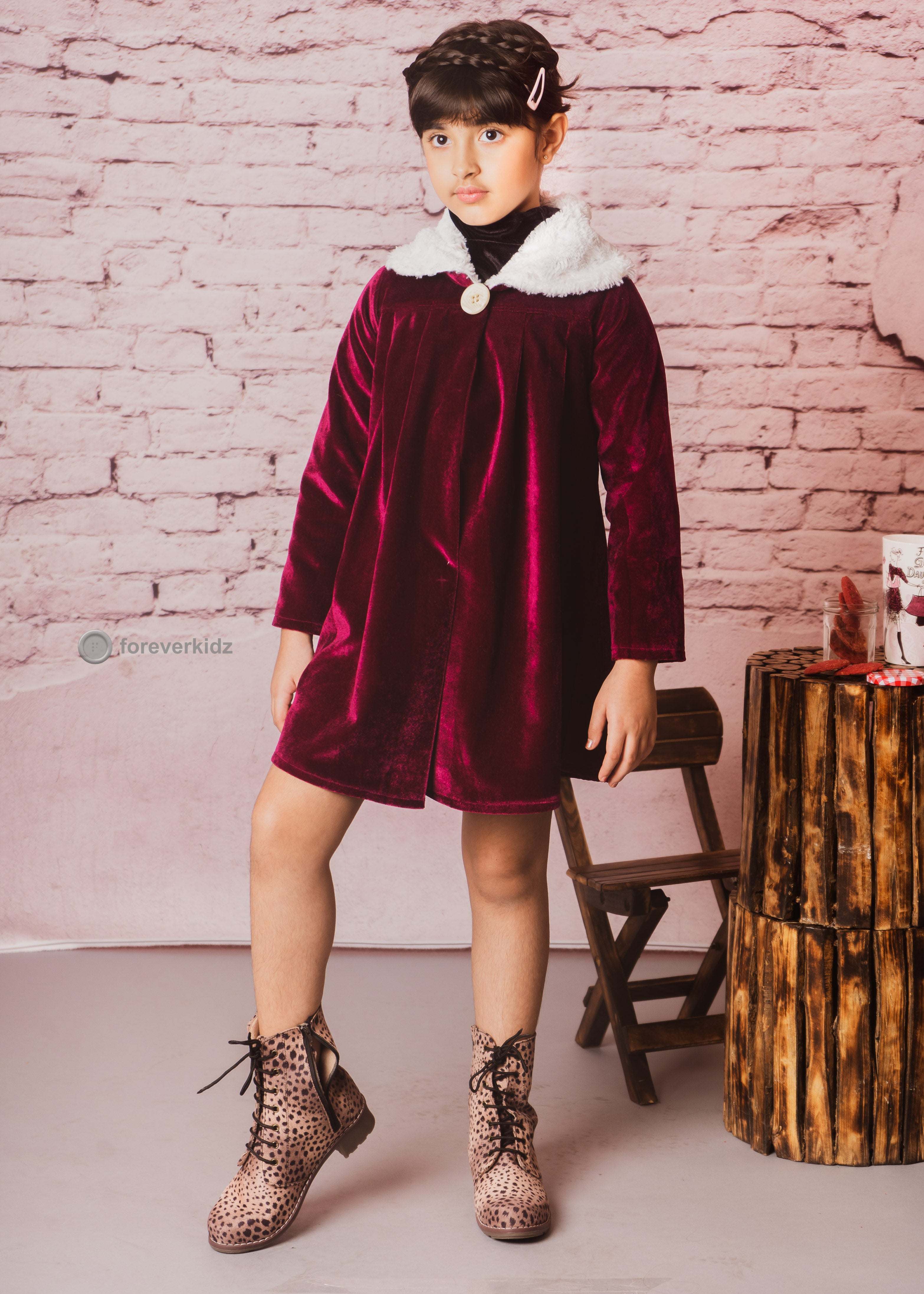 Dutches Wine Colour Velvet Coat for Girls 