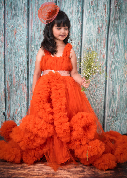 Pure Georgette Orange Colour all over pearl work long dress gown