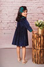 Load image into Gallery viewer, Navy Blue Glimmer Velvet Dress with Sequin Neck
