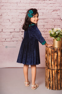 Navy Blue Glimmer Velvet Dress with Sequin Neck