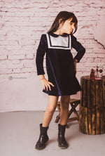 Load image into Gallery viewer, Navy Swedish Velvet Sailor Dress for Little Girls
